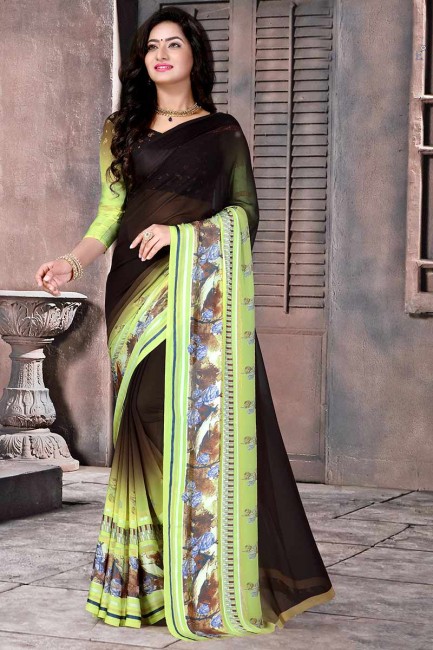 brun et couleur verte en satin de soie sari