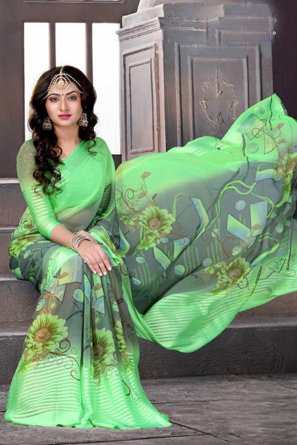 couleur verte et grise en satin de soie sari