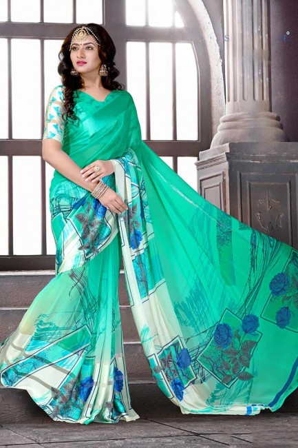 couleur verte mer en satin de soie sari