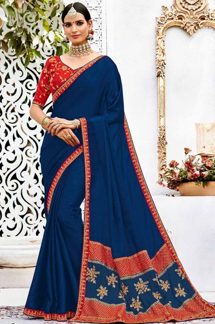 couleur bleu foncé doux sari de soie