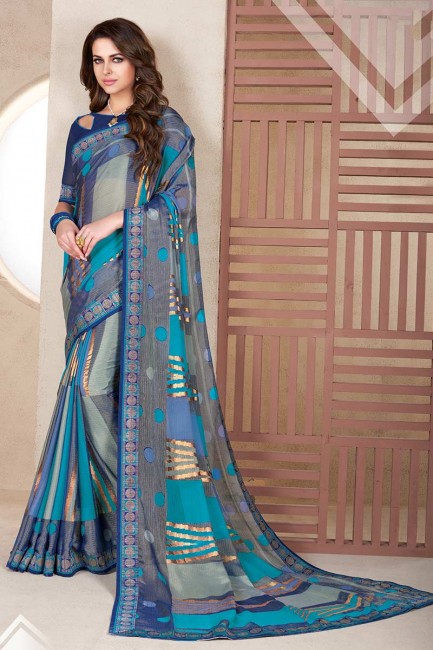 gris et couleur bleue en mousseline de soie brasso sari