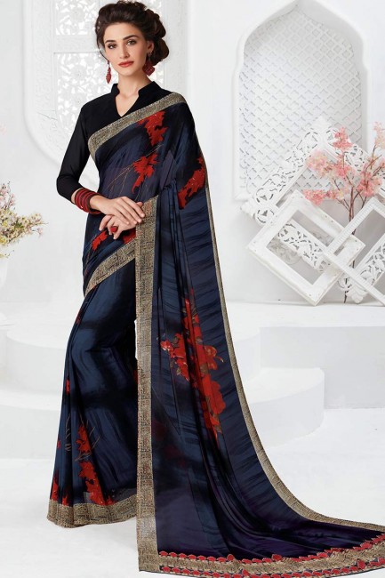 noir et couleur bleu foncé georgette sari