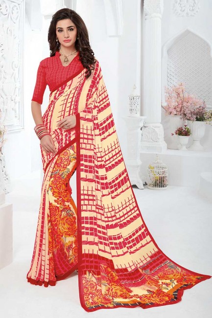 crème et couleur rouge georgette sari