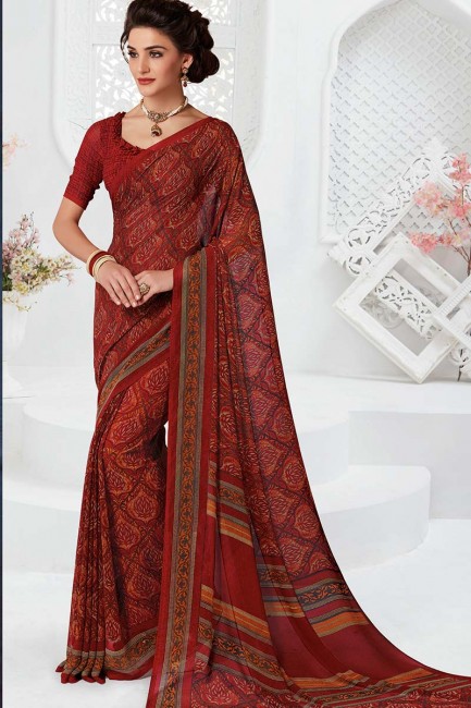couleur rouge foncé georgette sari