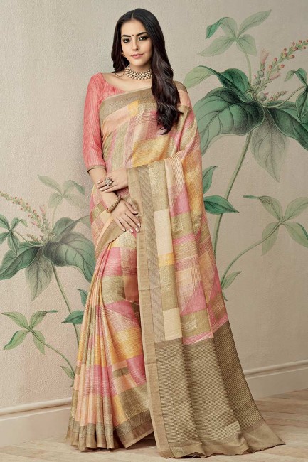 beige et couleur rose jute art saris en soie