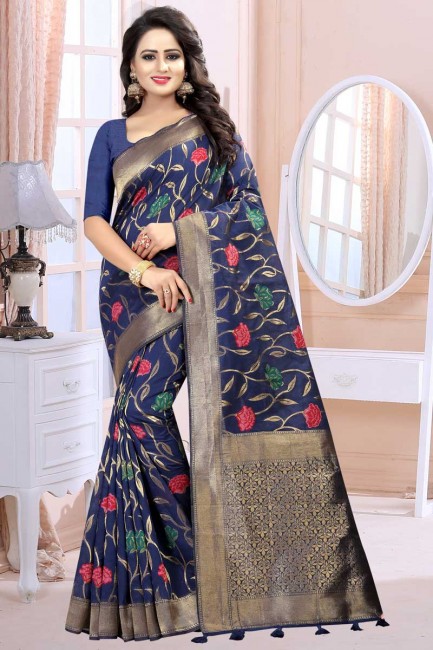 lin couleur bleu foncé sari