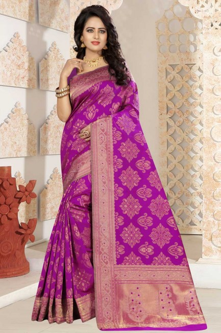 magenta couleur rose kanjivaram sari de soie d'art