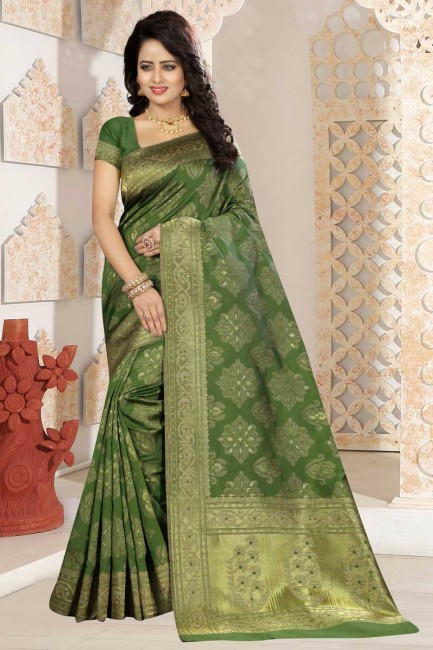 couleur vert olive kanjivaram sari de soie d'art