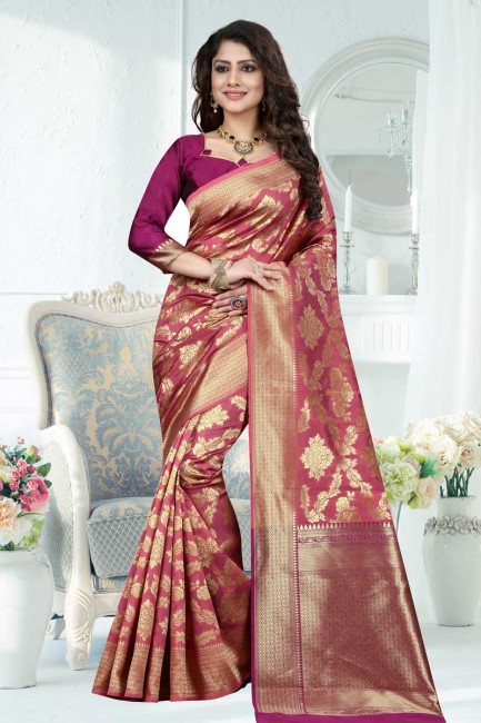 poussiéreux couleur rose Banarasi sari de soie d'art