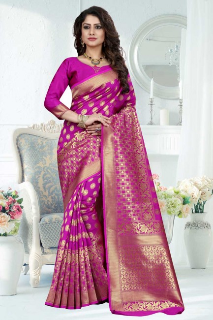 Rani couleur rose Banarasi sari de soie d'art