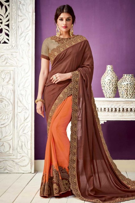 brun et orange georgette sari