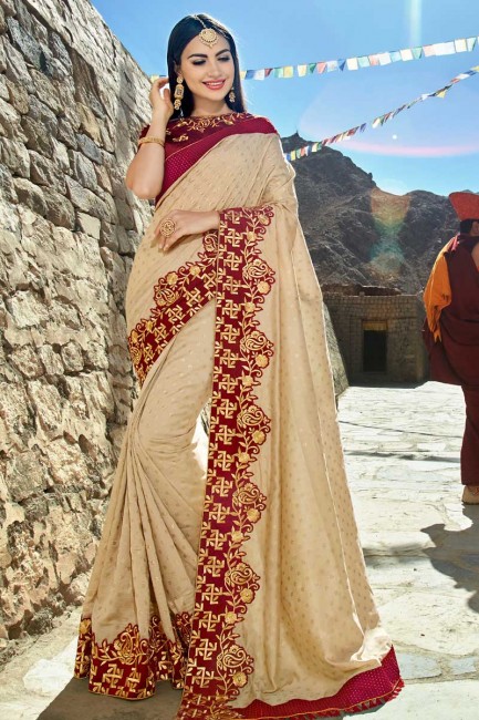satin de soie sari couleur beige