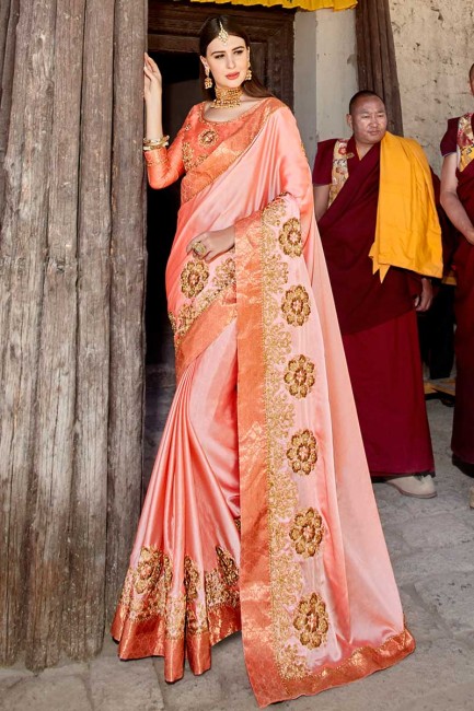 couleur pêche en satin de soie sari
