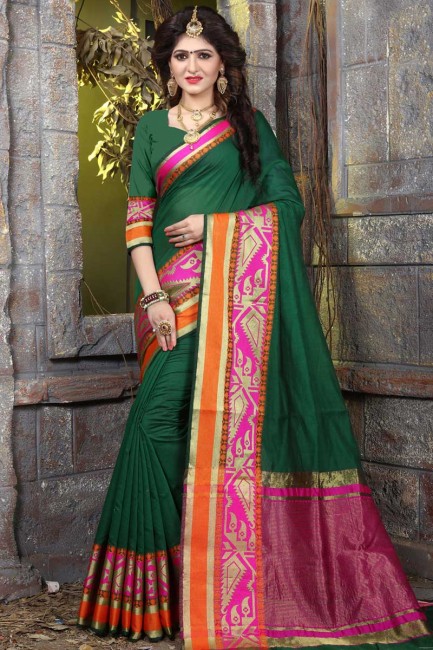 couleur vert foncé khadi sari de soie d'art