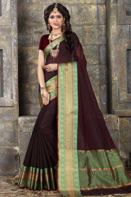 couleur brune khadi sari de soie d'art