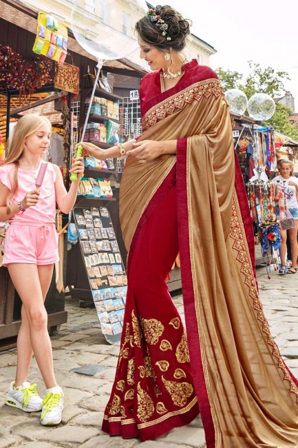 couleur dorée et rouge et lycra georgette sari