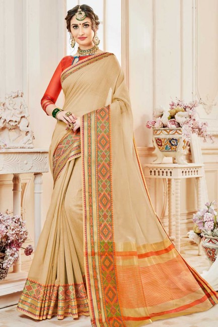 couleur beige sari en soie de coton