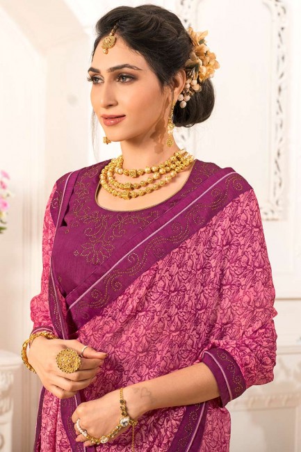 couleur rose en mousseline de soie georgette sari