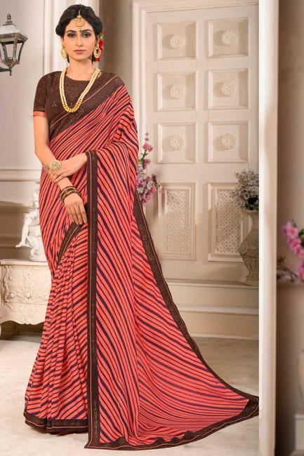 couleur rose en mousseline de soie georgette sari