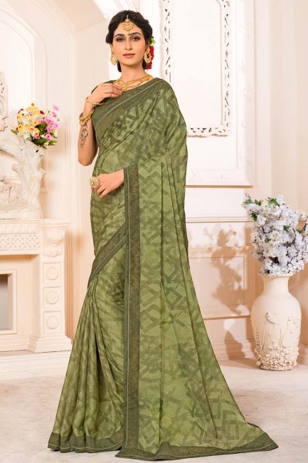couleur vert olive georgette en mousseline de soie sari