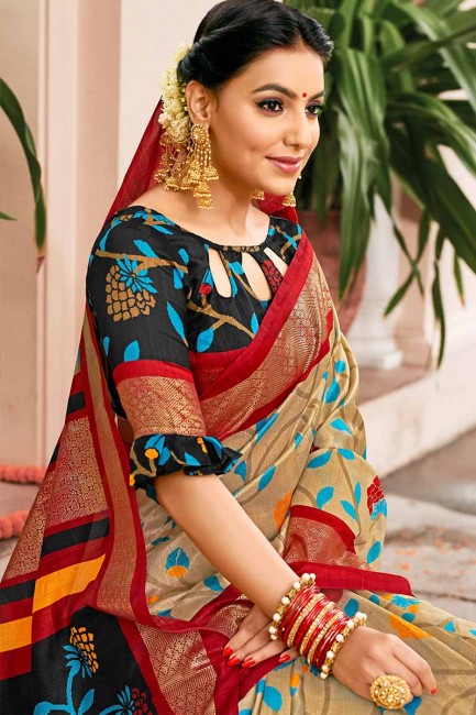 beige et couleur rouge art saris en soie