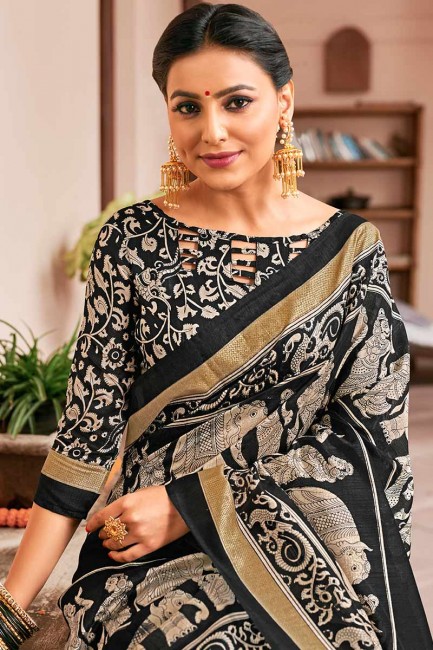 couleur noire et crème sari de soie art