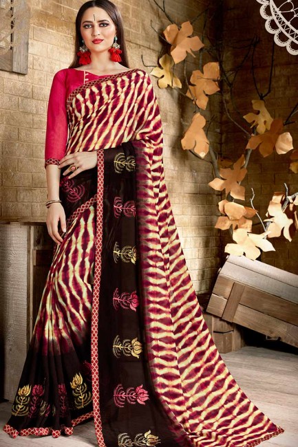 couleur noire et rose georgette sari