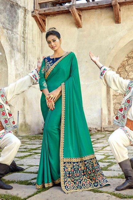 couleur vert sarcelle en satin de soie sari