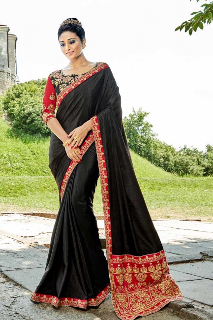 satin de soie sari de couleur noire