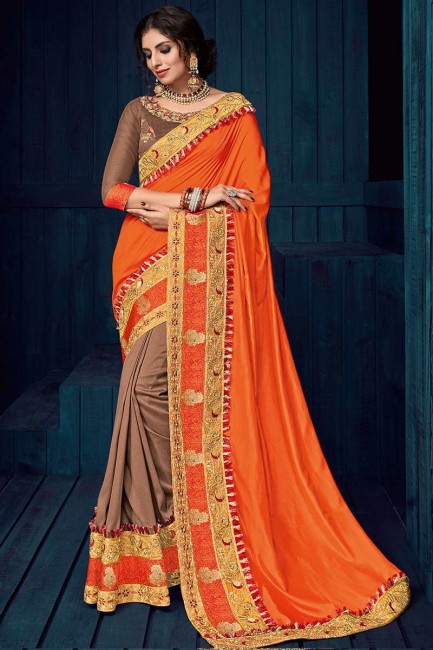 orange et de couleur beige art saris en soie