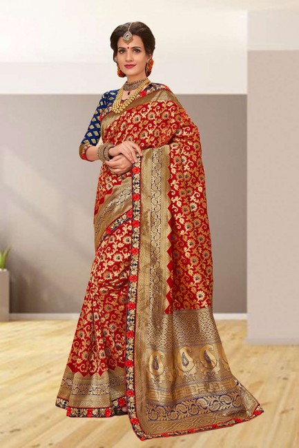 couleur rouge soie jacquard sari