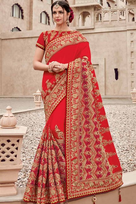 couleur rouge en satin de soie sari