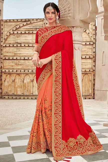 rouge et satin couleur pêche foncée saris en soie