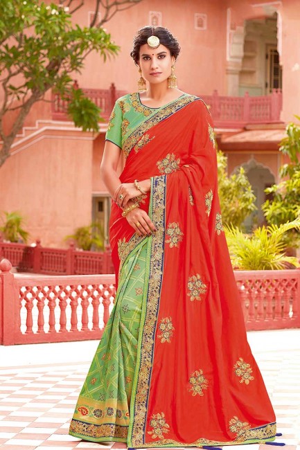 couleur verte rouge et la lumière sari de soie tissé