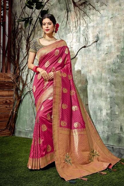 couleur rose foncé jacqurad sari de soie