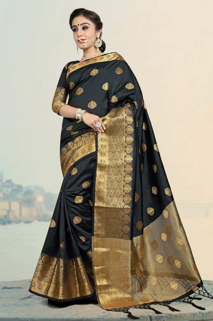 soie jacquard sari de couleur noire