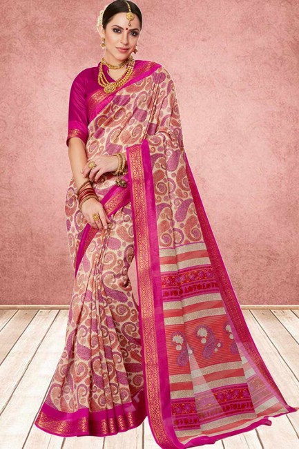 couleur rose et crème sari de soie de coton