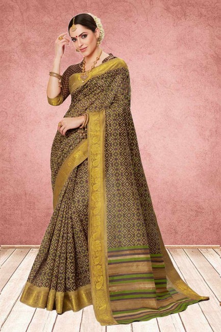 couleur brune sari de soie de coton