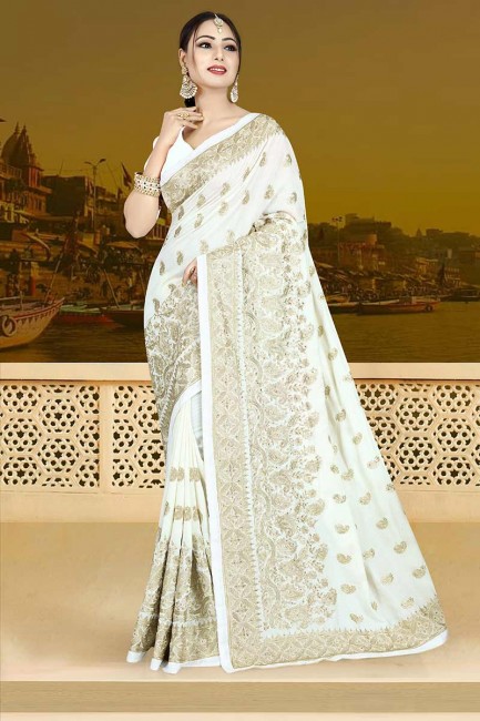 soie georegtte sari de couleur blanche