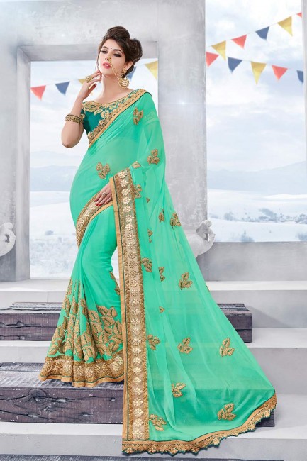 couleur verte mer en mousseline de soie sari