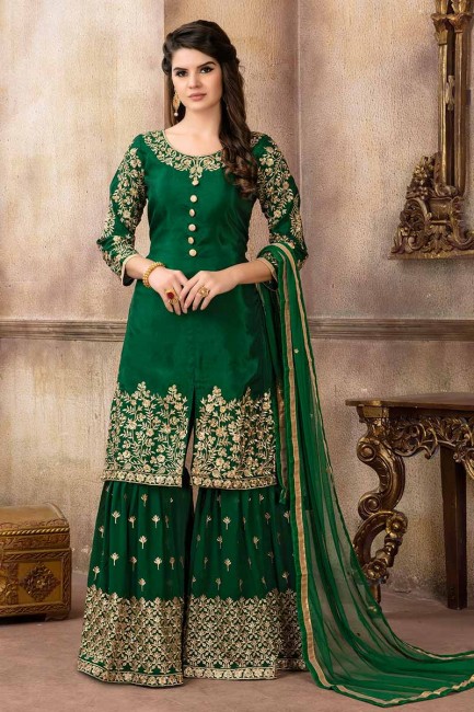 art couleur vert foncé costume de soie palazzo