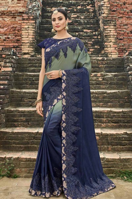 gris et couleur bleu marine en satin de soie sari