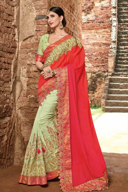 rose foncé et pastel satin couleur verte et douce sari de soie