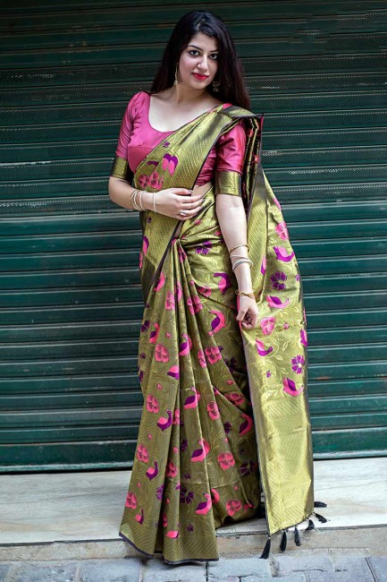 couleur vert olive kanjivaram sari de soie d'art