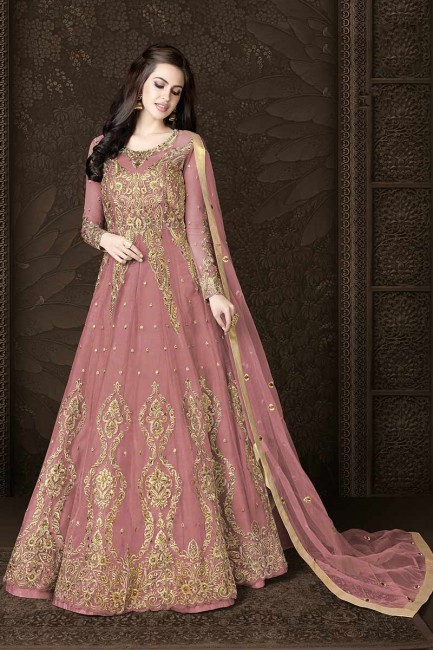 costume Anarkali net de couleur rose