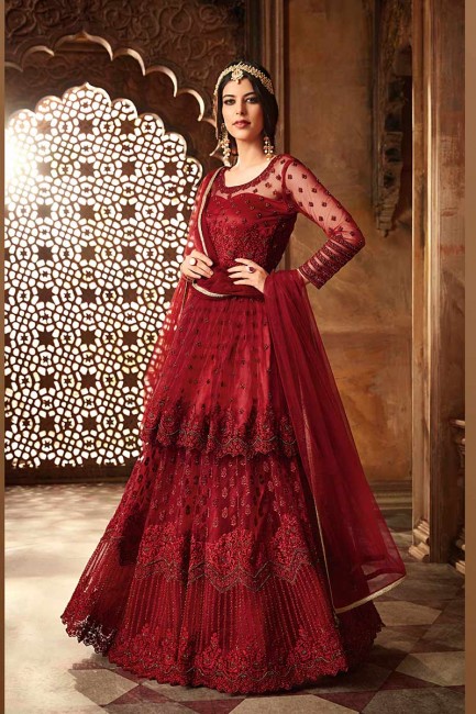costume Anarkali net de couleur rouge foncé