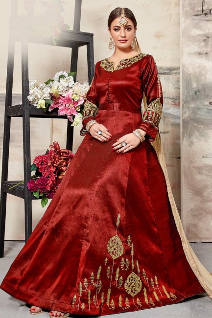 costume art couleur rouge soie Anarkali