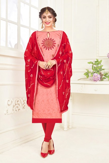 costume en coton de couleur rose clair jacquard churidar