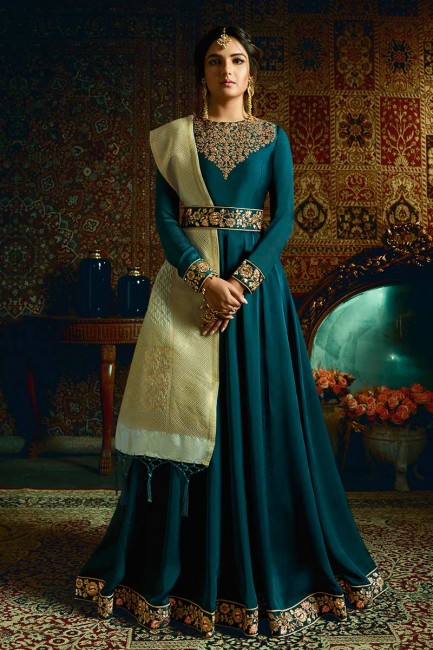 satin sarcelle couleur bleu costume georgette Anarkali