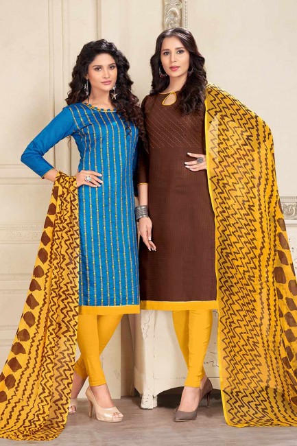 coton de couleur bleu et brun et Chanderi combo costume churidar